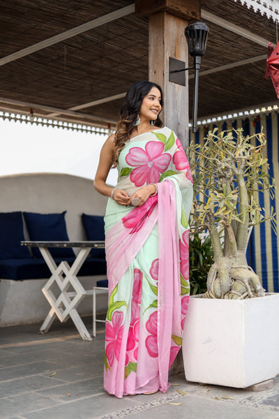 Mint Green Georgette Saree with Hand-Painted Pink Oversized Floral Motifs – Attached Blouse – 5.5 Meters