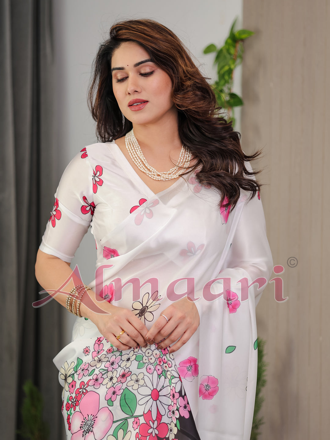 White Satin Georgette Floral Printed Saree with Pink Blossom Border & Attached Blouse – Elegant Lightweight Designer Drape