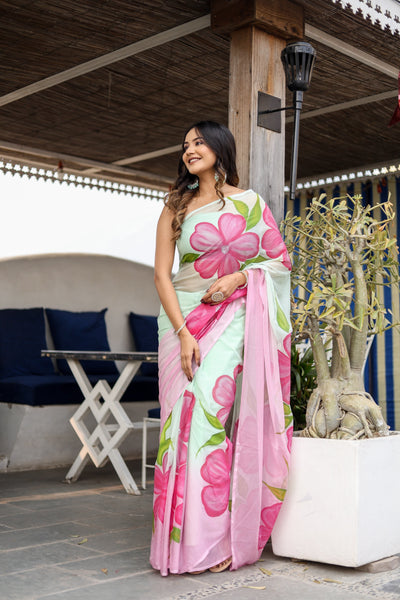 Mint Green Georgette Saree with Hand-Painted Pink Oversized Floral Motifs – Attached Blouse – 5.5 Meters