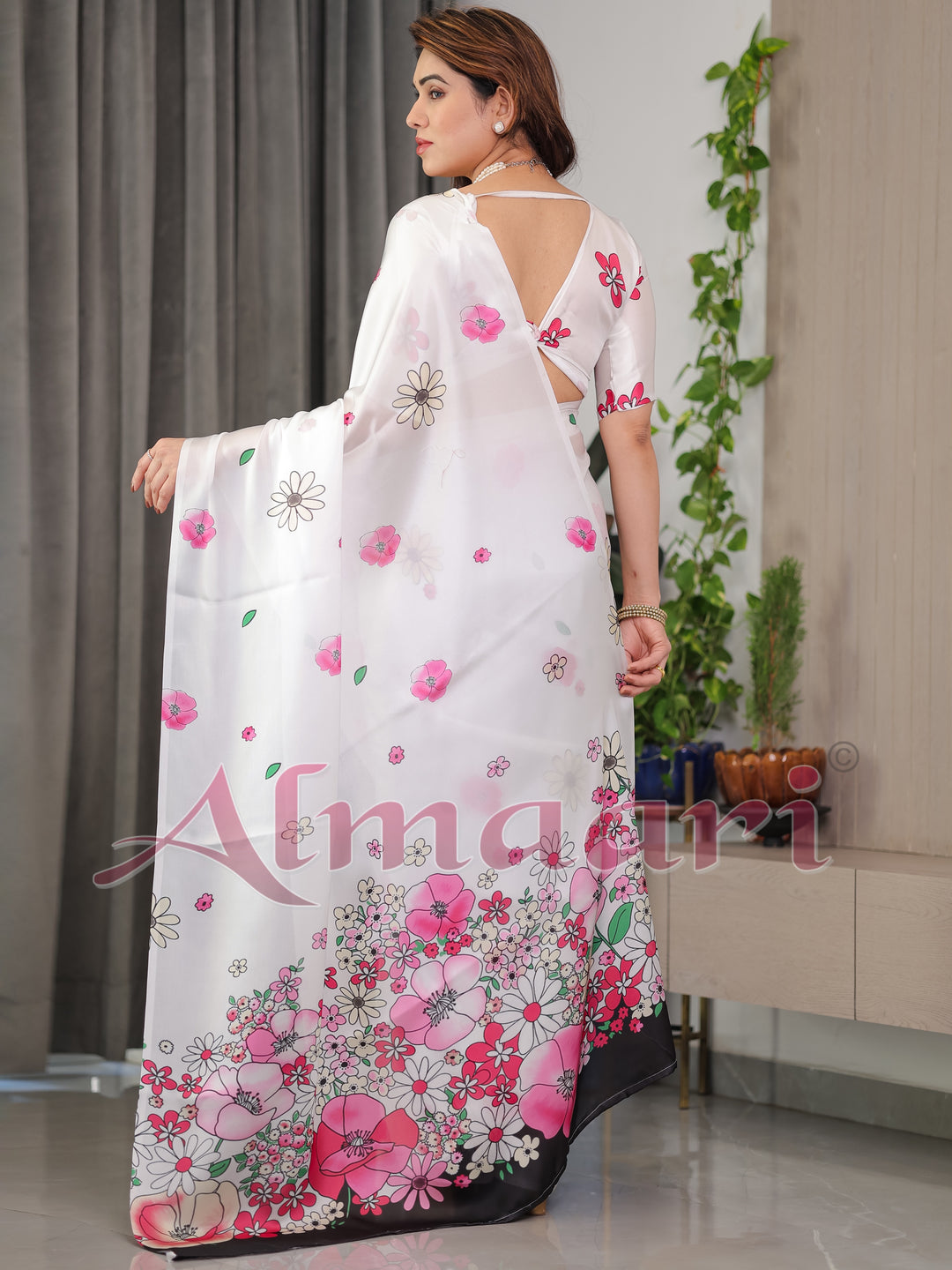 White Satin Georgette Floral Printed Saree with Pink Blossom Border & Attached Blouse – Elegant Lightweight Designer Drape