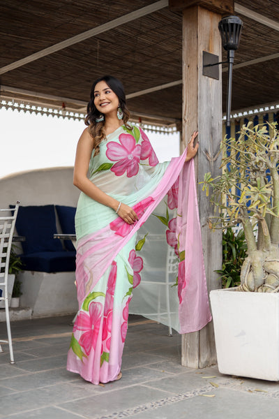 Mint Green Georgette Saree with Hand-Painted Pink Oversized Floral Motifs – Attached Blouse – 5.5 Meters