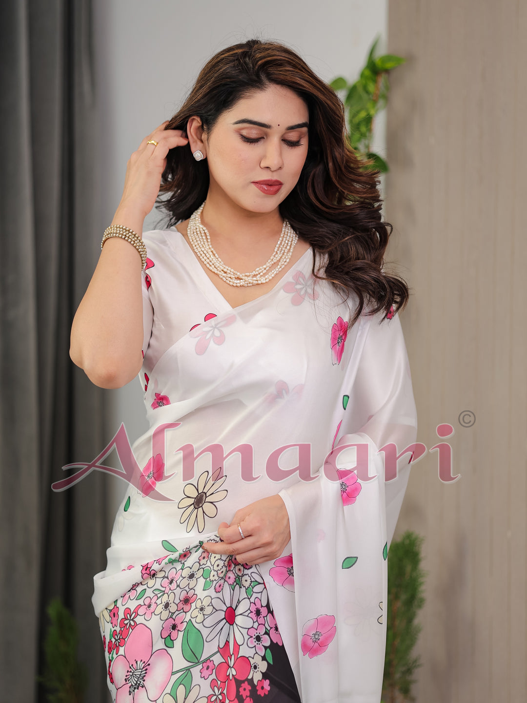 White Satin Georgette Floral Printed Saree with Pink Blossom Border & Attached Blouse – Elegant Lightweight Designer Drape