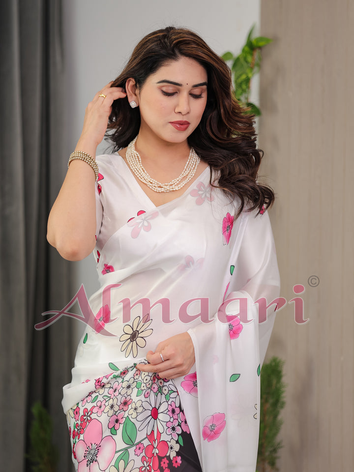 White Satin Georgette Floral Printed Saree with Pink Blossom Border & Attached Blouse – Elegant Lightweight Designer Drape