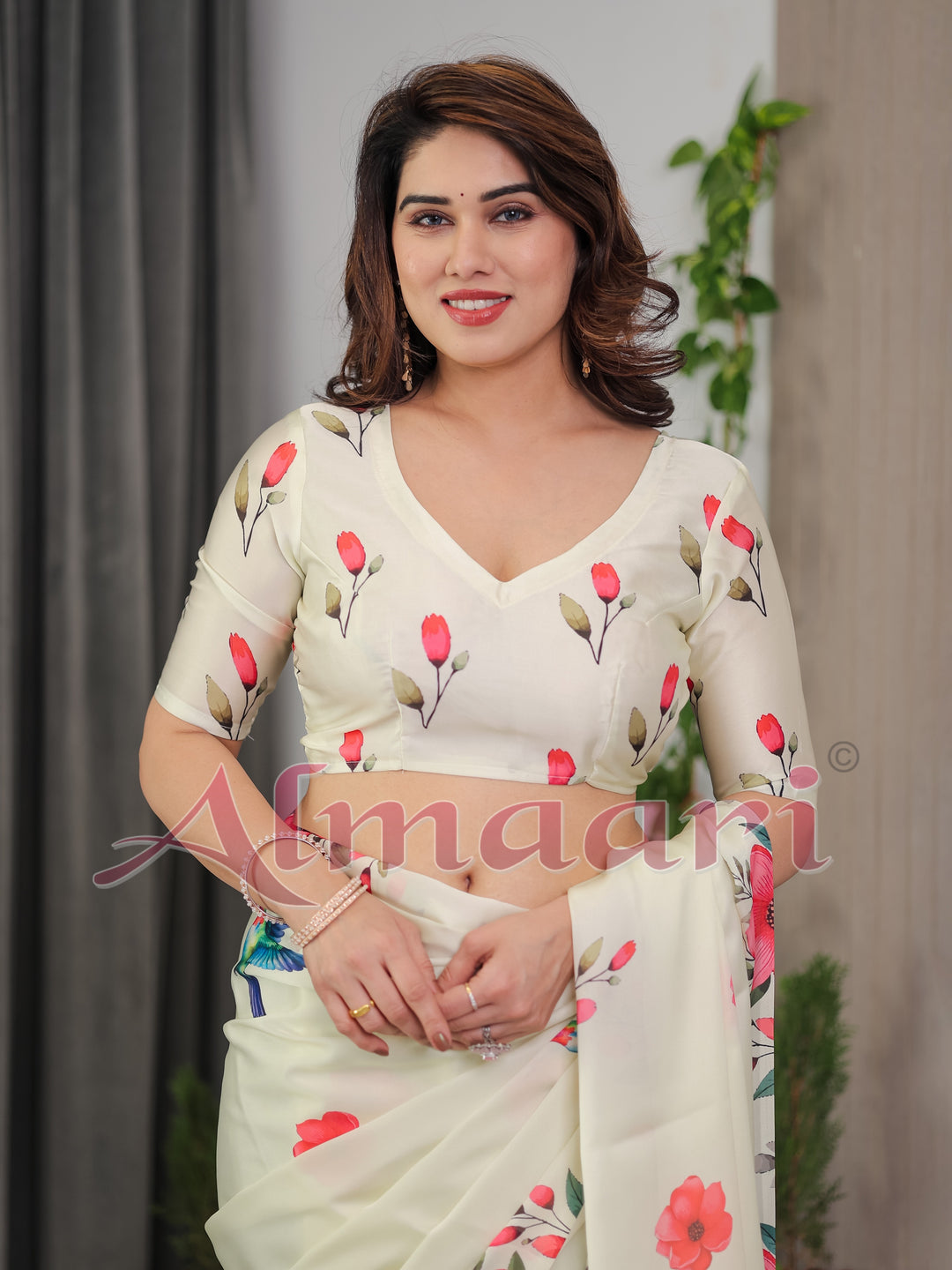 Ivory Cream Satin Georgette Floral & Bird Printed Saree with Attached Blouse – Elegant Nature-Inspired Designer Saree