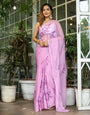 Lavender Georgette Saree with Hand-Painted Purple Floral Motifs & Pearl Highlights – Attached Blouse – 5.5 Meters