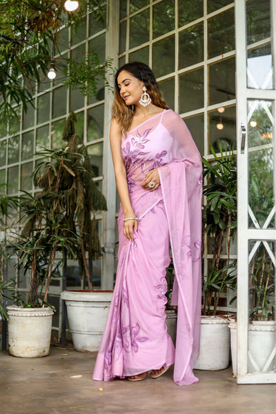 Lavender Georgette Saree with Hand-Painted Purple Floral Motifs & Pearl Highlights – Attached Blouse – 5.5 Meters