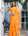 Sunset Orange Georgette Saree with Hand-Painted White Floral Motifs – Attached Blouse – 5.5 Meters