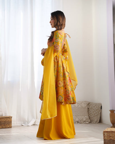 Vibrant Yellow Floral Printed Romansilk Chanderi Kediya Set with Palazzo & Dupatta 🌼✨