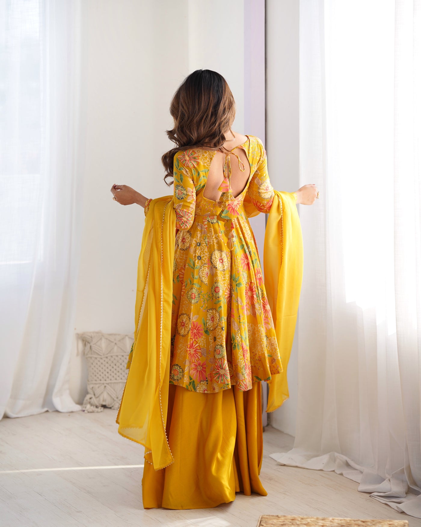 Vibrant Yellow Floral Printed Romansilk Chanderi Kediya Set with Palazzo & Dupatta 🌼✨