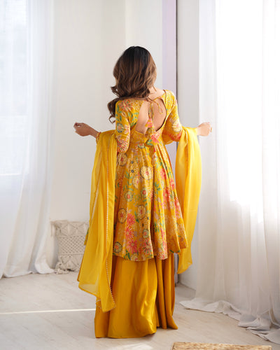 Vibrant Yellow Floral Printed Romansilk Chanderi Kediya Set with Palazzo & Dupatta 🌼✨