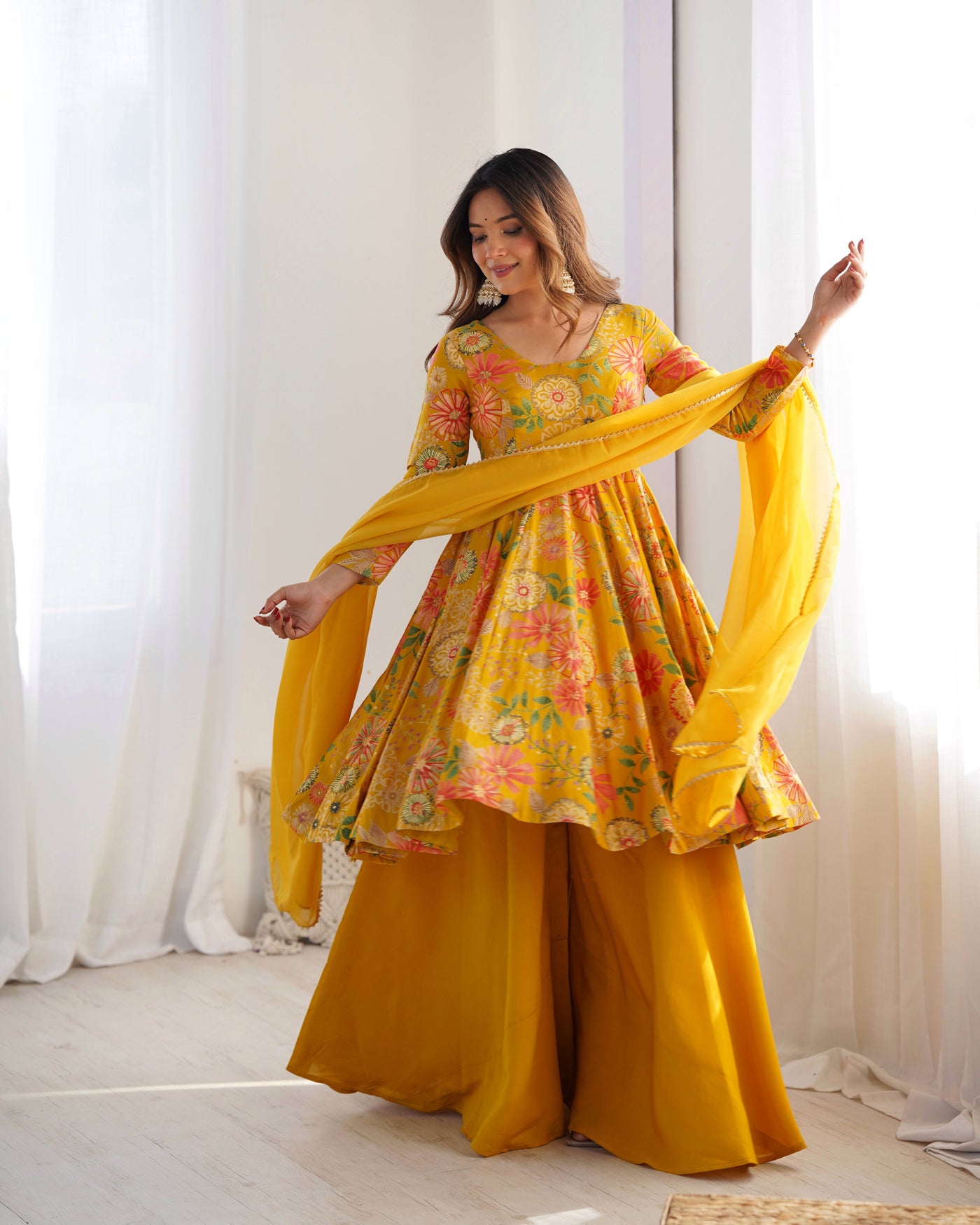 Vibrant Yellow Floral Printed Romansilk Chanderi Kediya Set with Palazzo & Dupatta 🌼✨