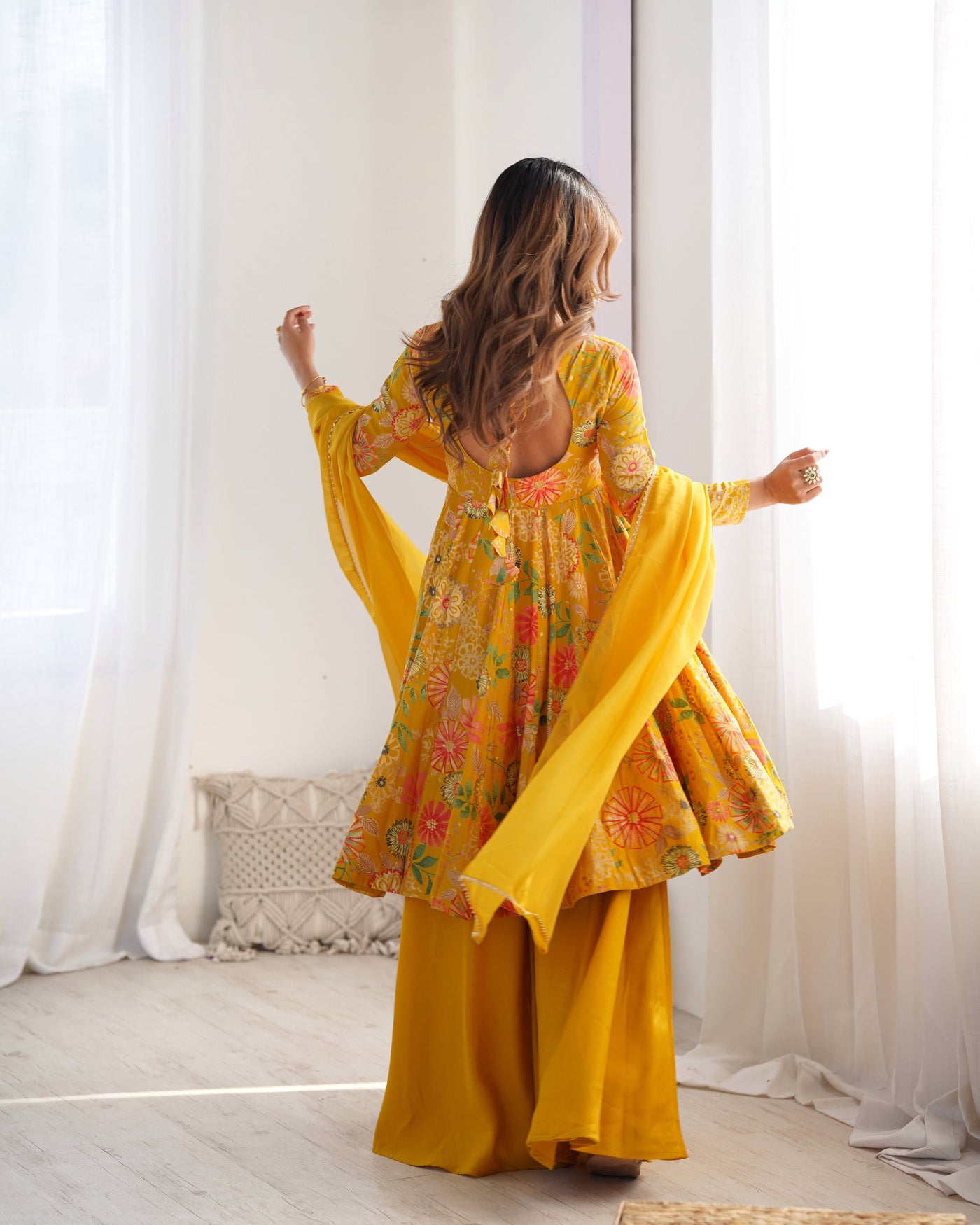 Vibrant Yellow Floral Printed Romansilk Chanderi Kediya Set with Palazzo & Dupatta 🌼✨