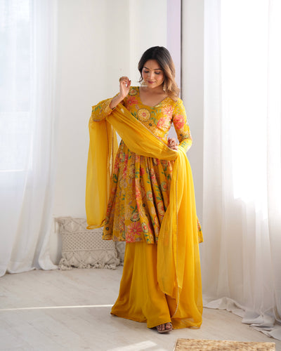 Vibrant Yellow Floral Printed Romansilk Chanderi Kediya Set with Palazzo & Dupatta 🌼✨