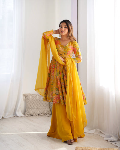 Vibrant Yellow Floral Printed Romansilk Chanderi Kediya Set with Palazzo & Dupatta 🌼✨