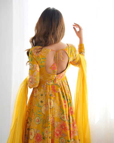 Vibrant Yellow Floral Printed Romansilk Chanderi Kediya Set with Palazzo & Dupatta 🌼✨