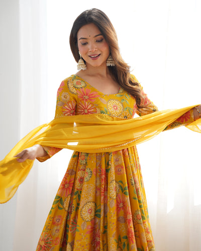 Vibrant Yellow Floral Printed Romansilk Chanderi Kediya Set with Palazzo & Dupatta 🌼✨