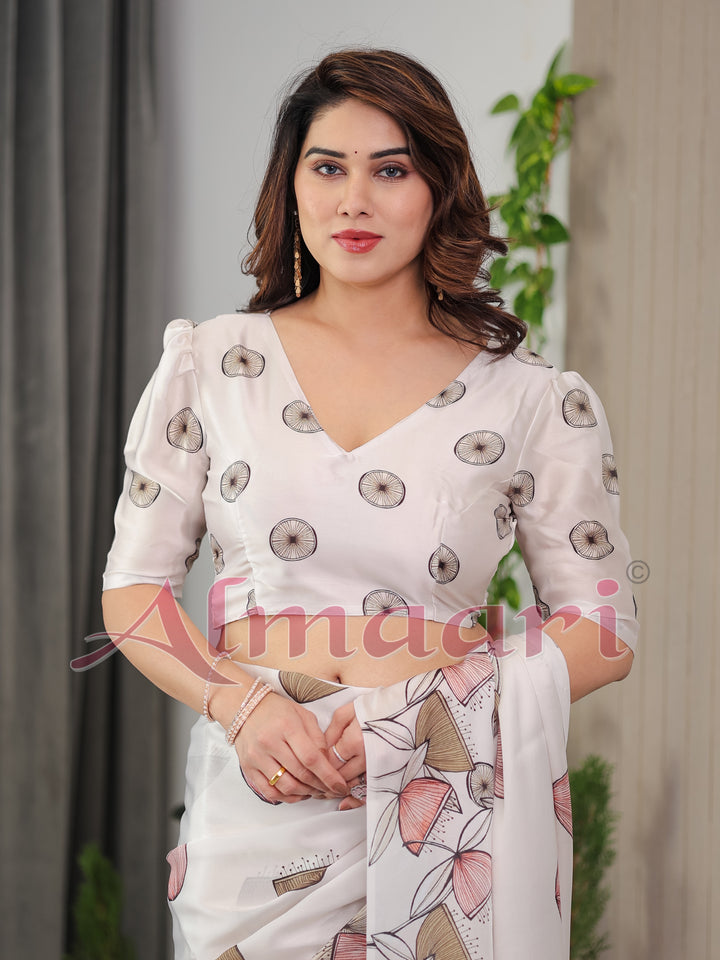 Peach Satin Georgette Floral Digital Printed Saree with Attached Blouse – Elegant Lightweight Saree