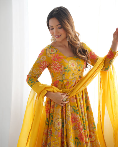Vibrant Yellow Floral Printed Romansilk Chanderi Kediya Set with Palazzo & Dupatta 🌼✨