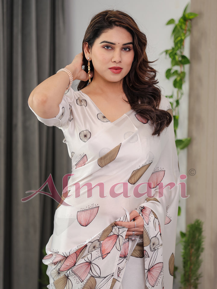 Peach Satin Georgette Floral Digital Printed Saree with Attached Blouse – Elegant Lightweight Saree