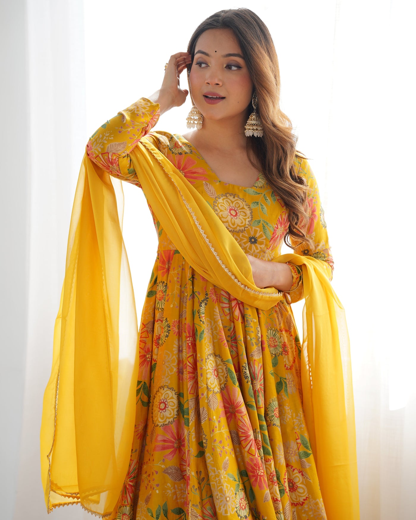 Vibrant Yellow Floral Printed Romansilk Chanderi Kediya Set with Palazzo & Dupatta 🌼✨