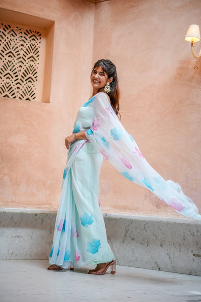 Sky Blue Georgette Saree with Embroidered Pink & Blue Leaf Motifs – Attached Blouse – 5.5 Meters