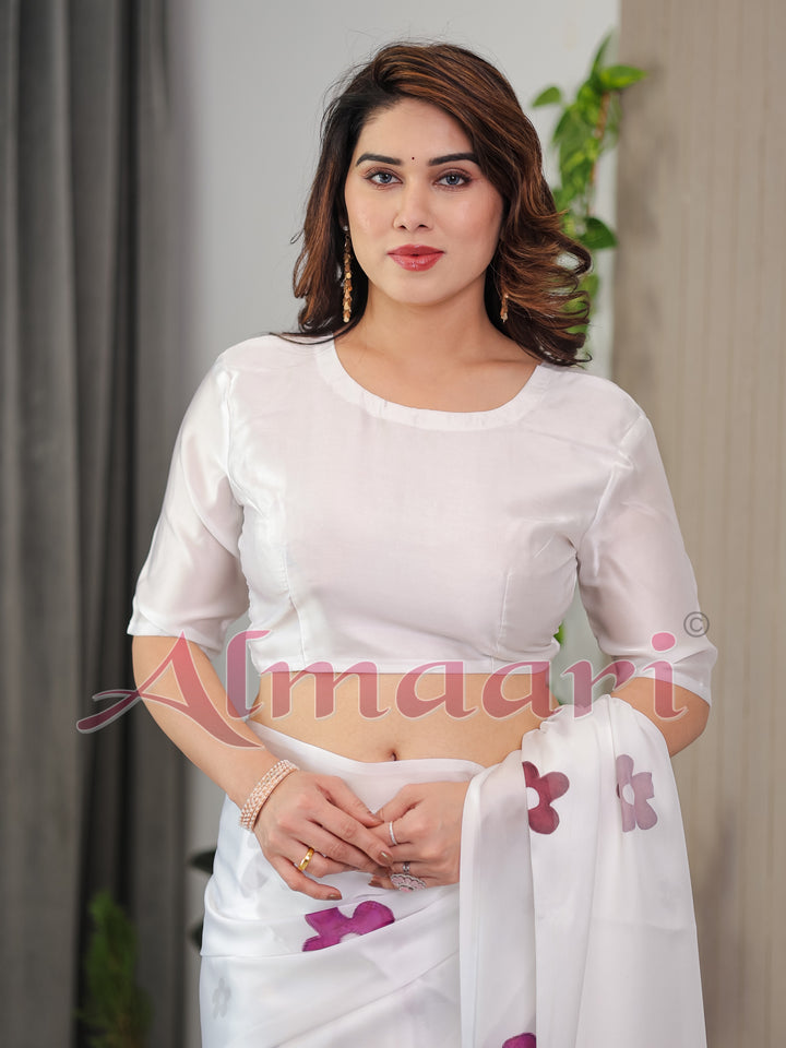 Pearl White Satin Georgette Ombre Floral Printed Saree with Attached Blouse – Elegant Rose Print Designer Saree for Festive & Party Wear