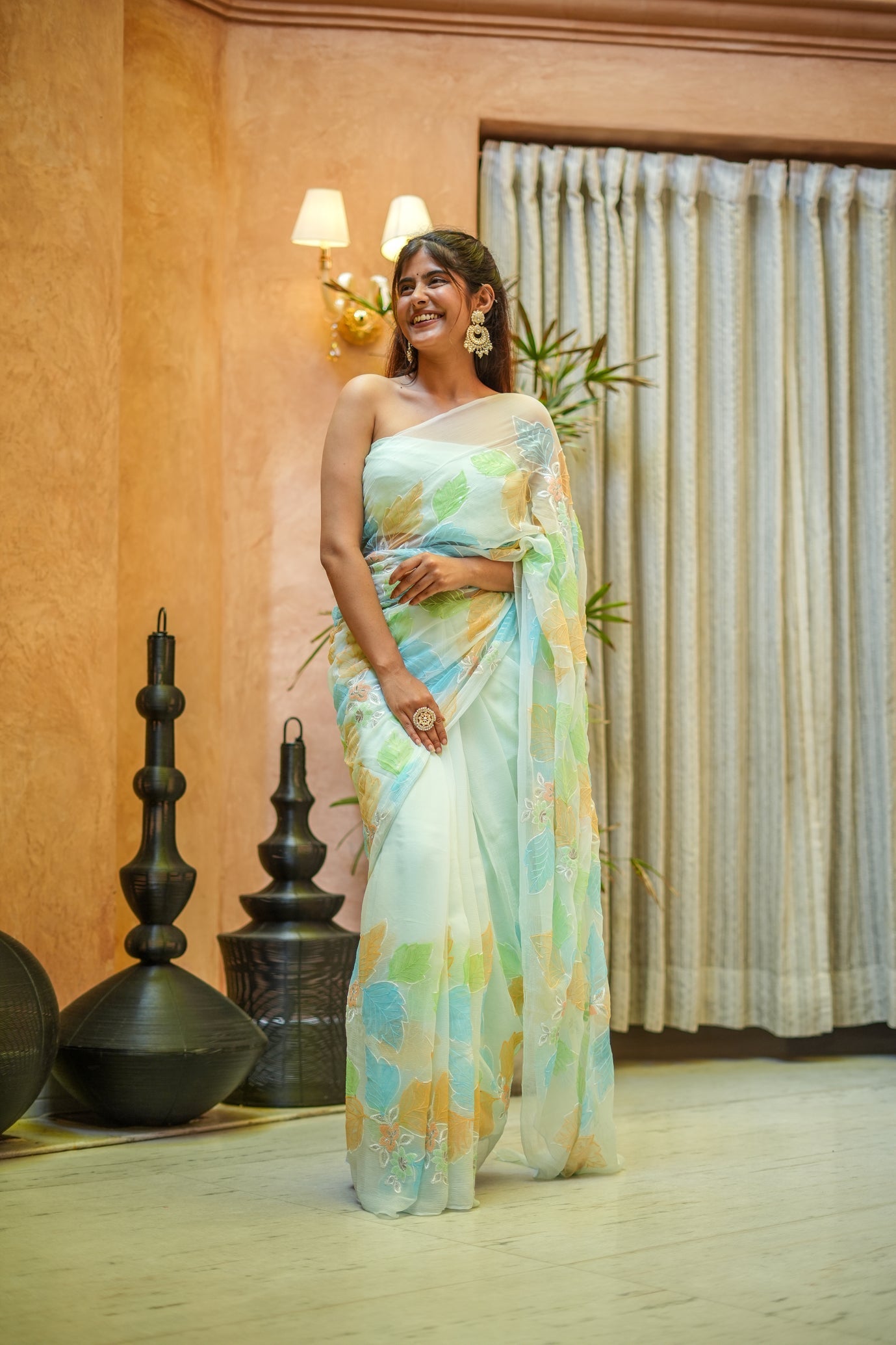 Mint Green Georgette Saree with Multicolor Leaf Embroidery & Attached Blouse – 5.5 Meters