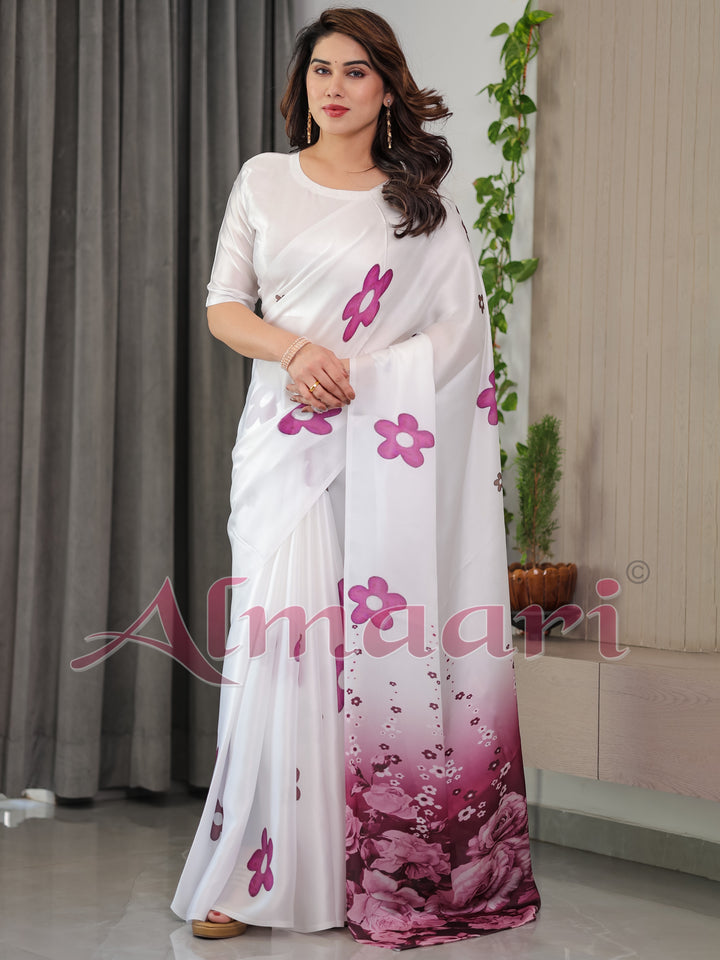 Pearl White Satin Georgette Ombre Floral Printed Saree with Attached Blouse – Elegant Rose Print Designer Saree for Festive & Party Wear