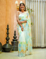 Mint Green Georgette Saree with Multicolor Leaf Embroidery & Attached Blouse – 5.5 Meters