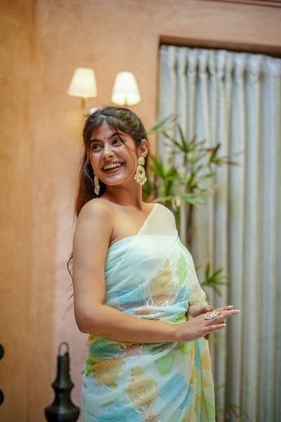 Mint Green Georgette Saree with Multicolor Leaf Embroidery & Attached Blouse – 5.5 Meters
