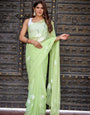 Lime Green Georgette Saree with White Hand-Embroidered Floral Motifs – Attached Blouse – 5.5 Meters