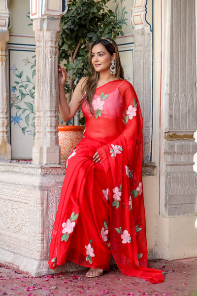 Crimson Red Georgette Saree with Hand-Painted Pink Floral Motifs – Attached Blouse – 5.5 Meters