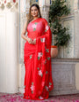 Crimson Red Georgette Saree with Hand-Painted Pink Floral Motifs – Attached Blouse – 5.5 Meters