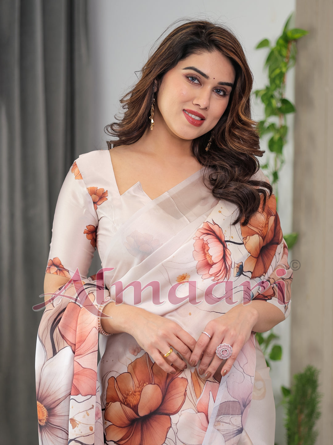 Ivory Beige Satin Georgette Abstract Floral Printed Saree with Attached Blouse – Elegant Designer Saree for Festive & Sophisticated Wear