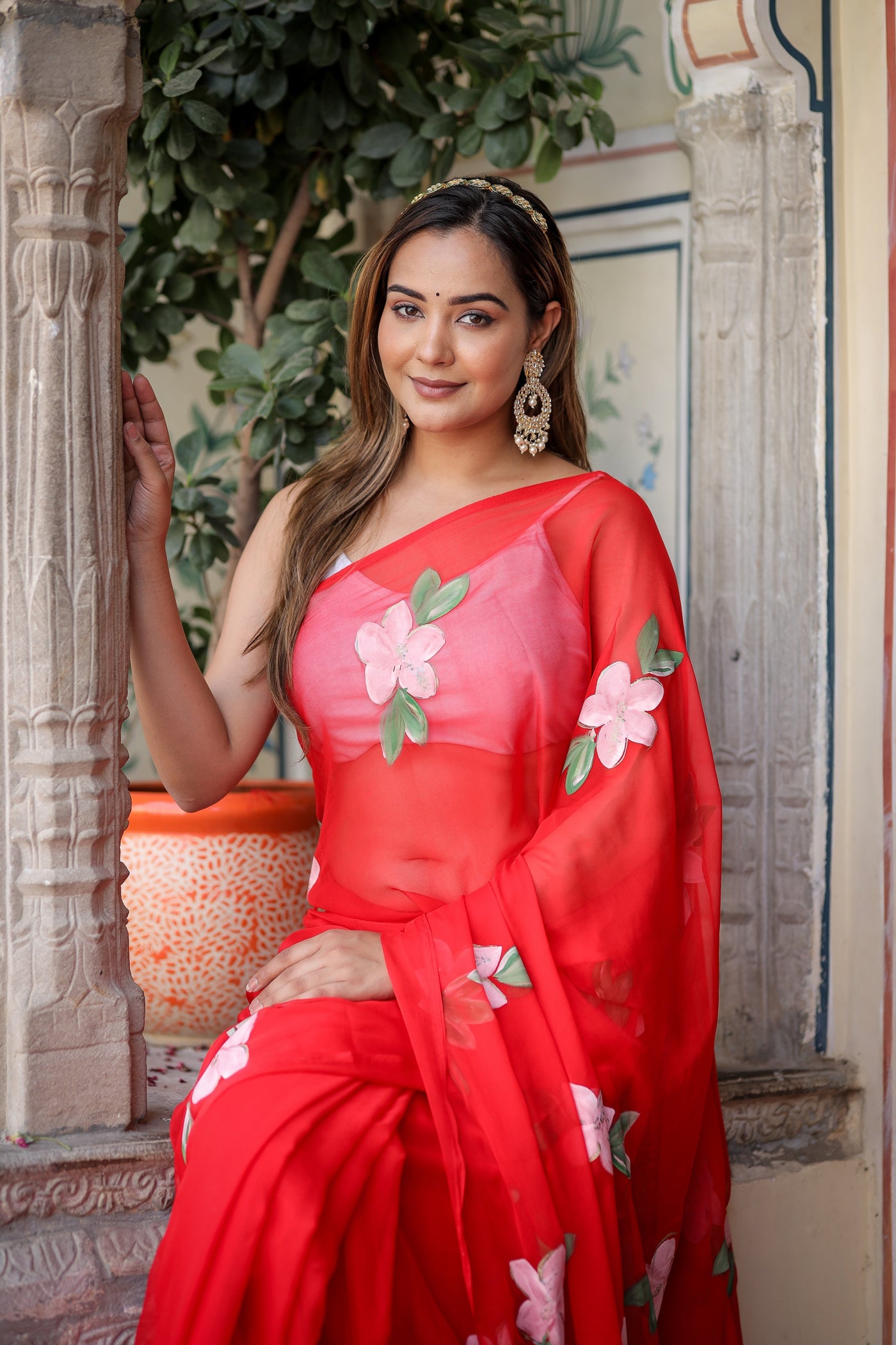 Crimson Red Georgette Saree with Hand-Painted Pink Floral Motifs – Attached Blouse – 5.5 Meters