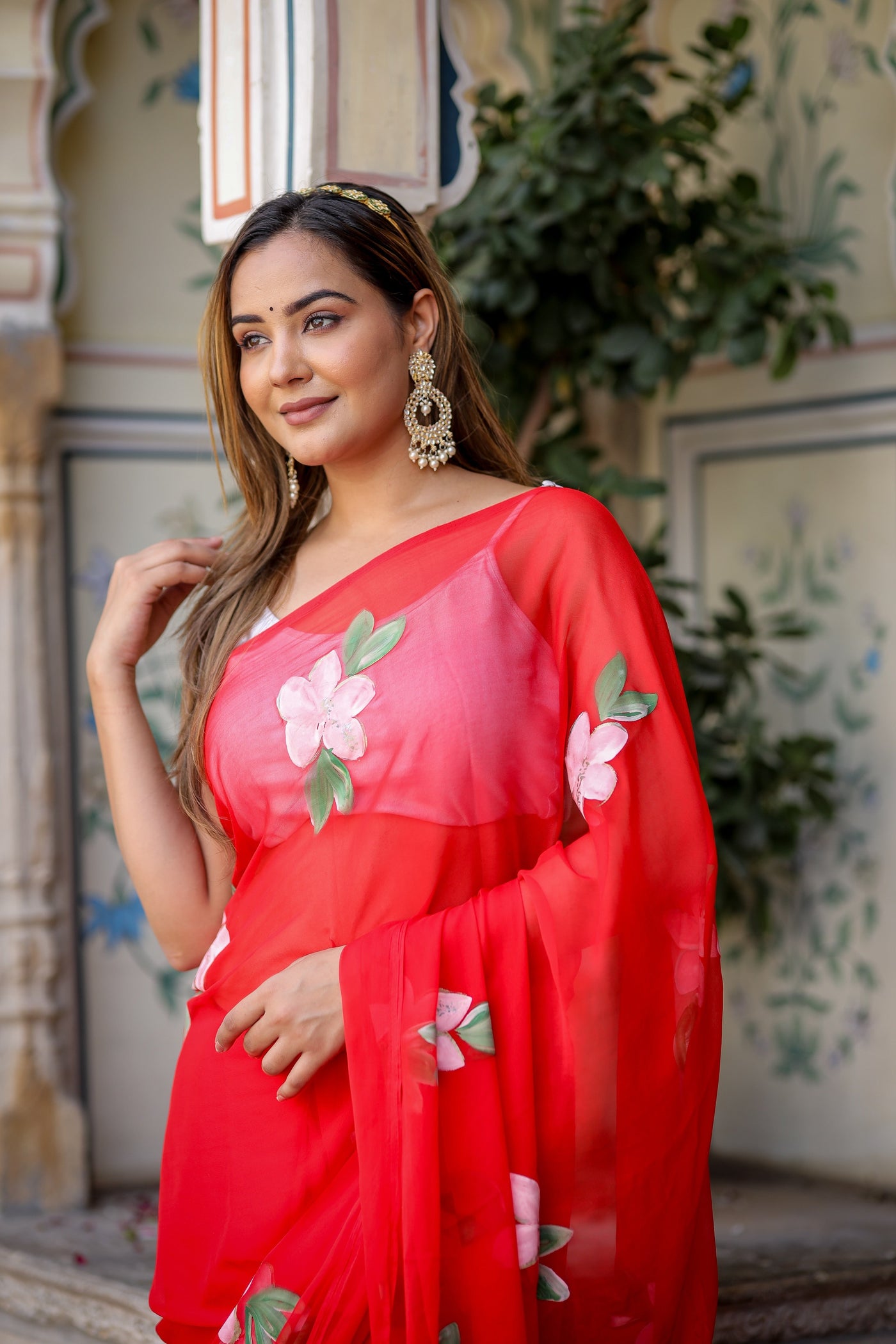 Crimson Red Georgette Saree with Hand-Painted Pink Floral Motifs – Attached Blouse – 5.5 Meters