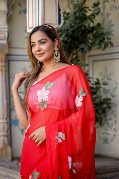 Crimson Red Georgette Saree with Hand-Painted Pink Floral Motifs – Attached Blouse – 5.5 Meters