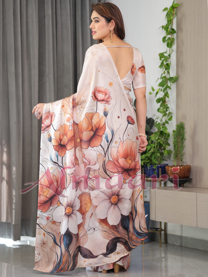 Ivory Beige Satin Georgette Abstract Floral Printed Saree with Attached Blouse – Elegant Designer Saree for Festive & Sophisticated Wear