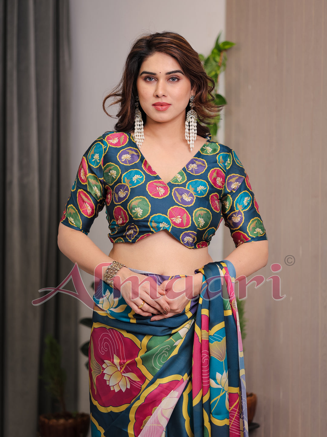 Teal Blue Satin Georgette Lotus Medallion Printed Saree with Attached Blouse – Multicolour Floral Designer Drape