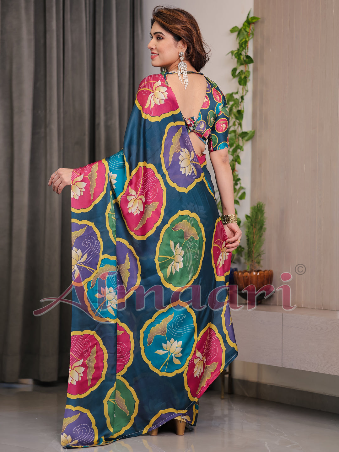 Teal Blue Satin Georgette Lotus Medallion Printed Saree with Attached Blouse – Multicolour Floral Designer Drape