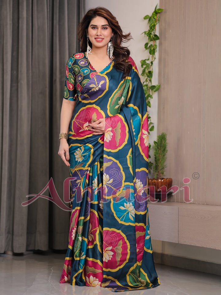 Teal Blue Satin Georgette Lotus Medallion Printed Saree with Attached Blouse – Multicolour Floral Designer Drape