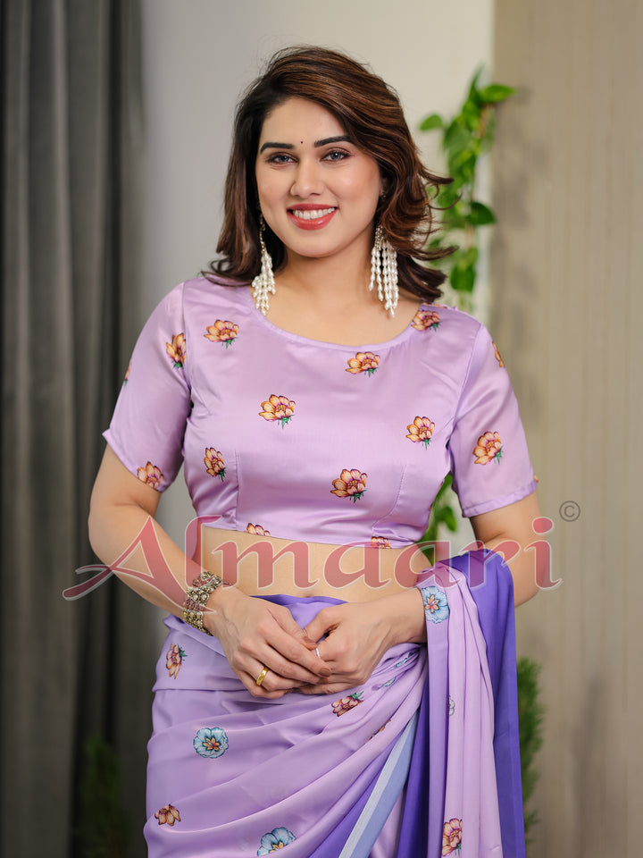 Lavender & Royal Purple Ombre Satin Georgette Floral Printed Saree with Attached Blouse – Soft Pastel Bloom Designer Drape