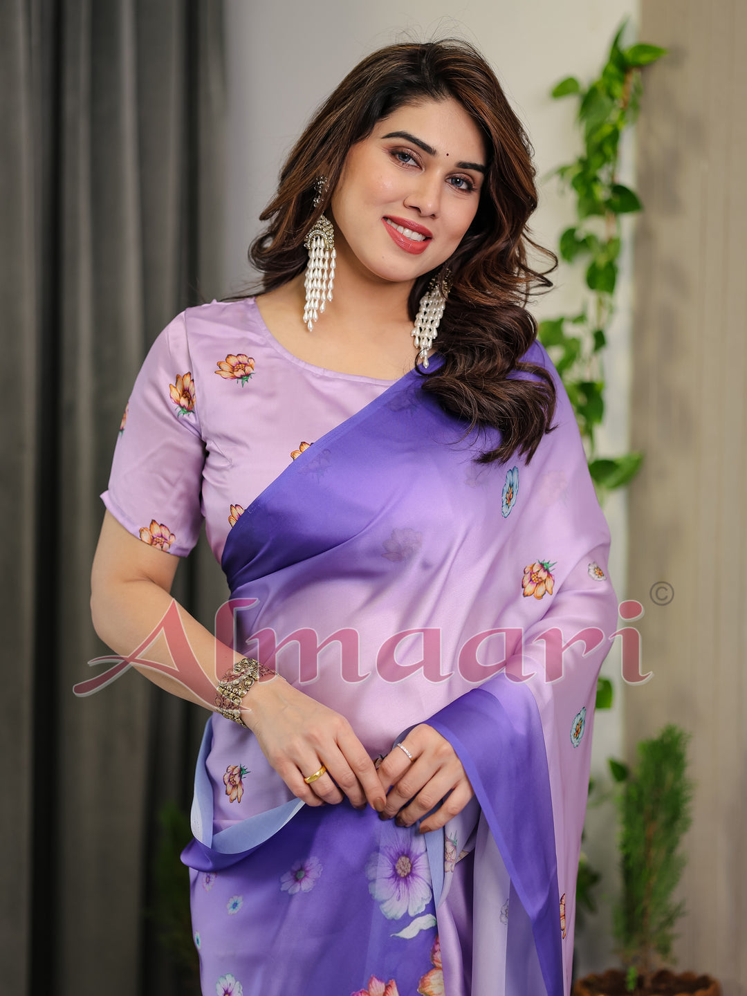 Lavender & Royal Purple Ombre Satin Georgette Floral Printed Saree with Attached Blouse – Soft Pastel Bloom Designer Drape