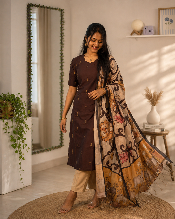 Chocolate Brown Chanderi Kurti Set with Beige Pants & Kalamkari Print Malai Silk Dupatta