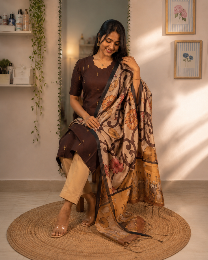 Chocolate Brown Chanderi Kurti Set with Beige Pants & Kalamkari Print Malai Silk Dupatta