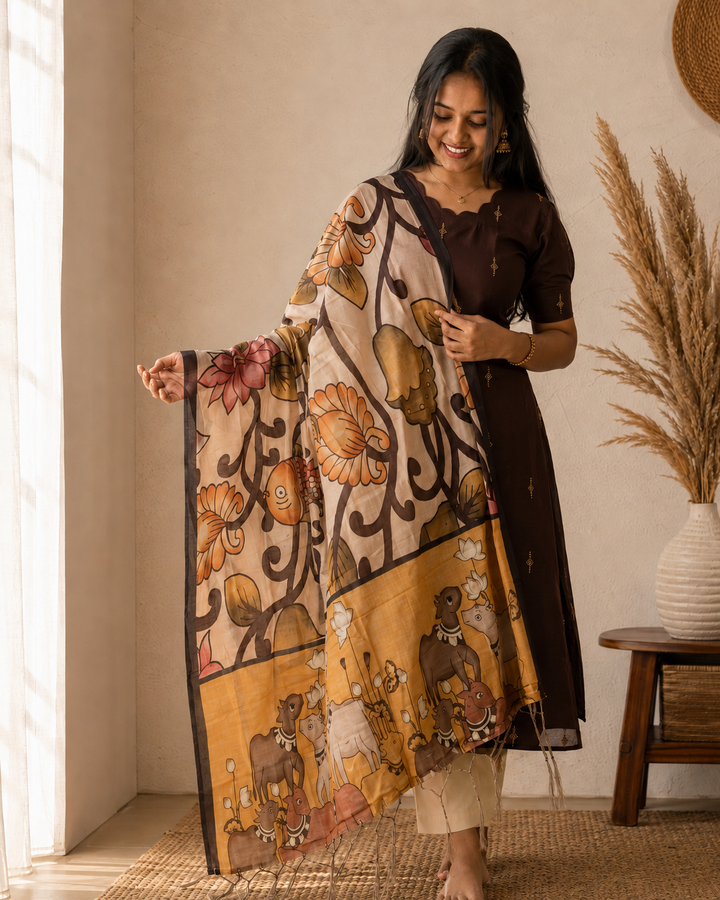 Chocolate Brown Chanderi Kurti Set with Beige Pants & Kalamkari Print Malai Silk Dupatta