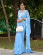 Sky Blue Georgette Saree with Hand-Painted White Floral Motifs – Attached Blouse – 5.5 Meters