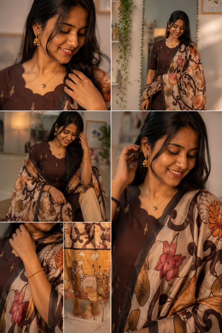 Chocolate Brown Chanderi Kurti Set with Beige Pants & Kalamkari Print Malai Silk Dupatta