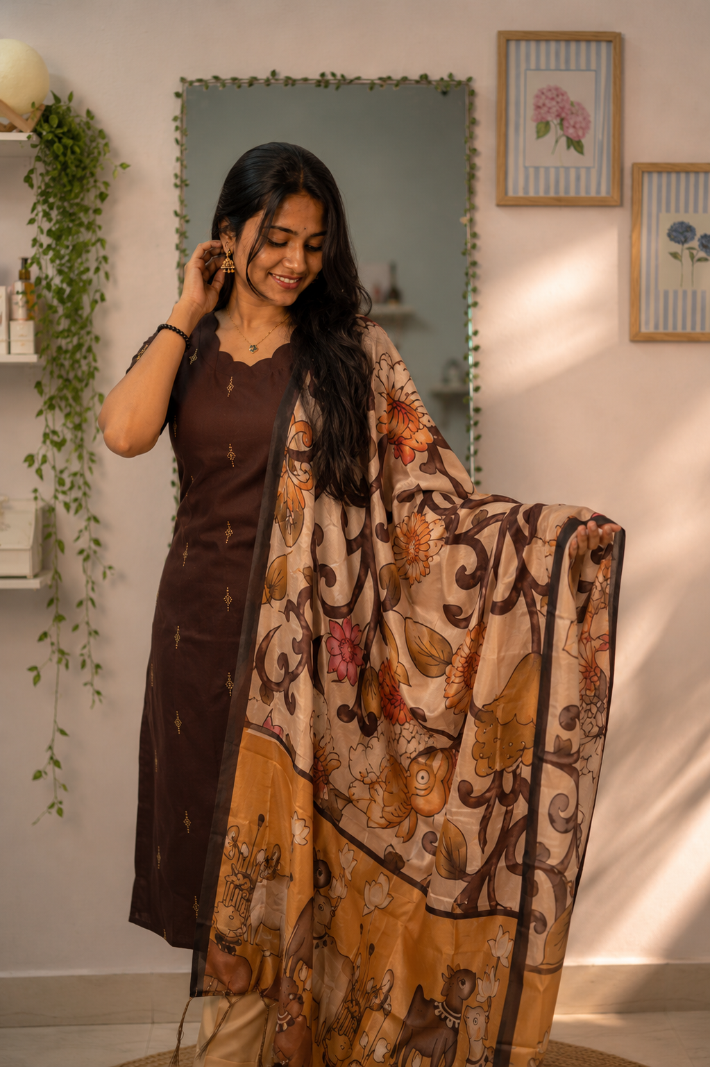 Chocolate Brown Chanderi Kurti Set with Beige Pants & Kalamkari Print Malai Silk Dupatta