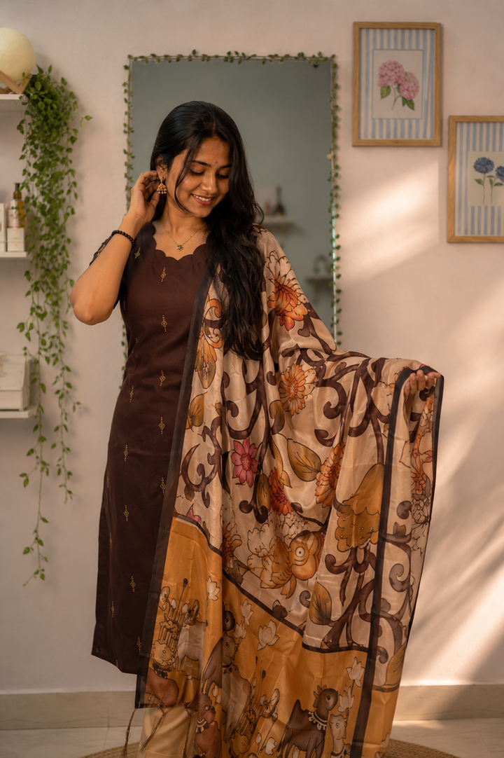 Chocolate Brown Chanderi Kurti Set with Beige Pants & Kalamkari Print Malai Silk Dupatta